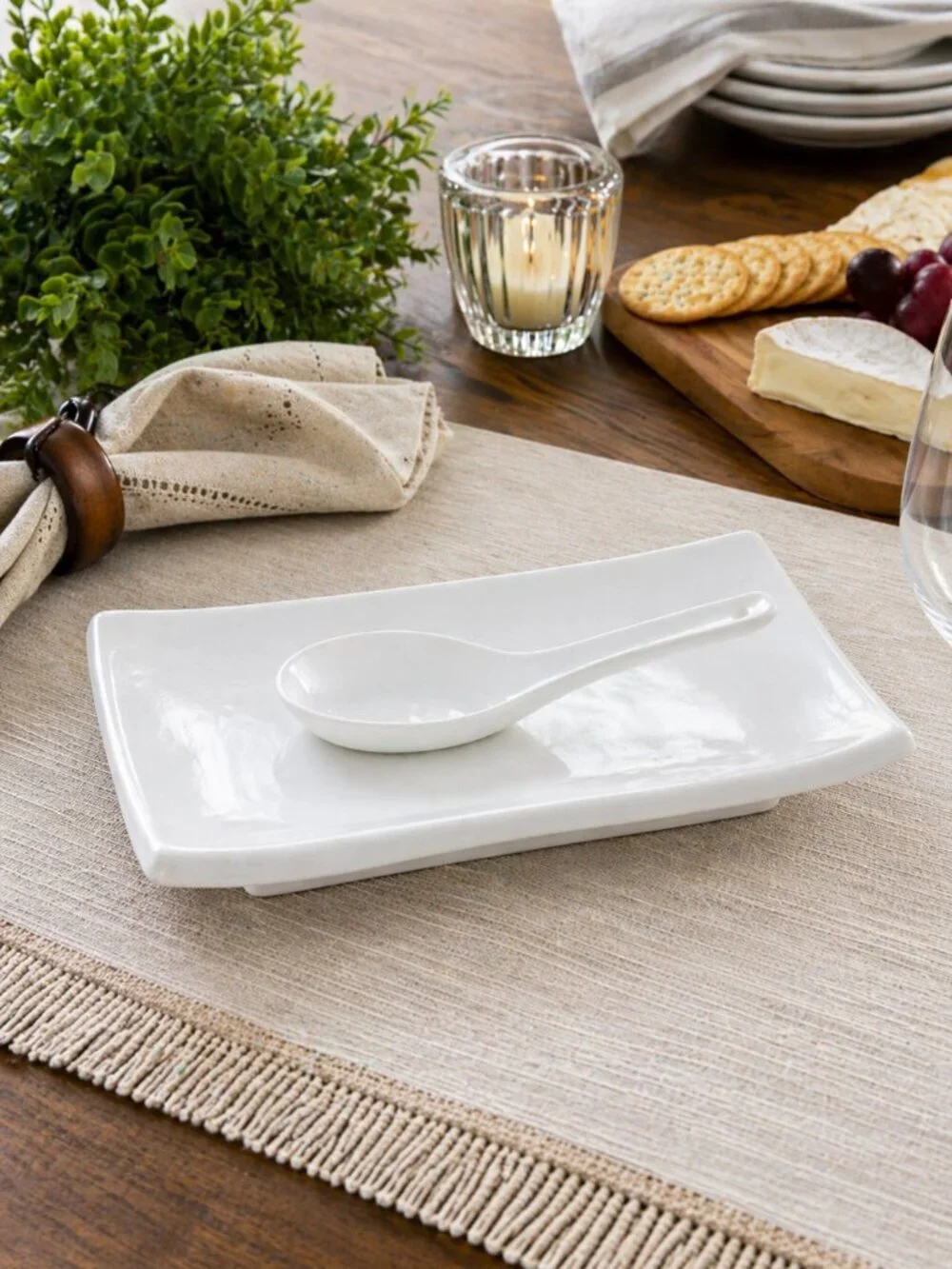 Pier 1 White Porcelain Appetizer Plate & Spoon Set Minimal Serving Dish